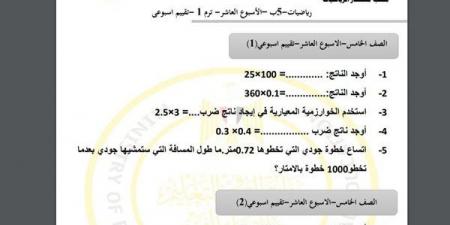 مراجعات نهائية.. أسئلة تقييم الاسبوع العاشر في الرياضيات الصف الخامس الابتدائي - نبض مصر