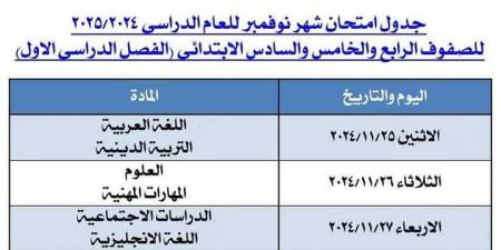 جدول امتحانات شهر نوفمبر لـ الصف الخامس الابتدائي.. تعليم الجيزة تكشف - نبض مصر