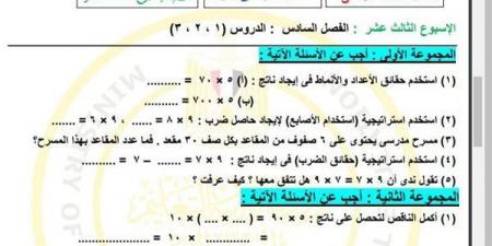 مراجعات نهائية.. أسئلة تقييم الاسبوع الـ 13 في الرياضيات الصف الثالث الابتدائي - نبض مصر