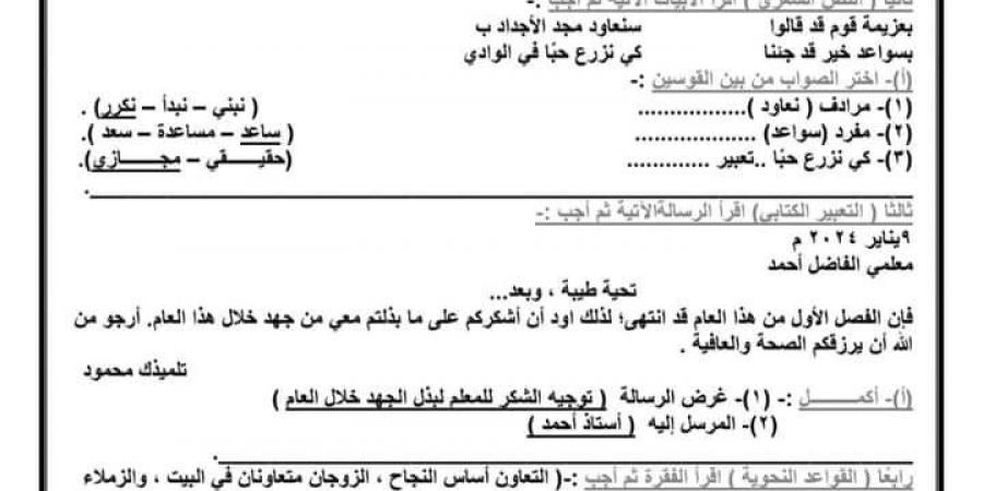 نماذج استرشادية لامتحان شهر نوفمبر 2024 لغة عربية للصف الرابع الابتدائي - نبض مصر