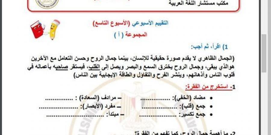 مراجعات نهائية.. أسئلة تقييم الاسبوع التاسع في اللغة العربية الصف الخامس الابتدائي - نبض مصر