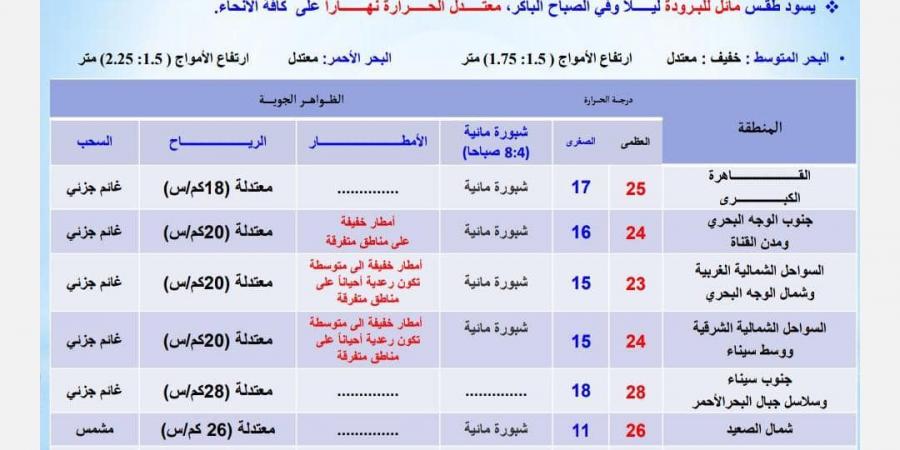 الأرصاد الجوية تعلن حالة الطقس الأربعاء 20 نوفمبر 2024 - نبض مصر