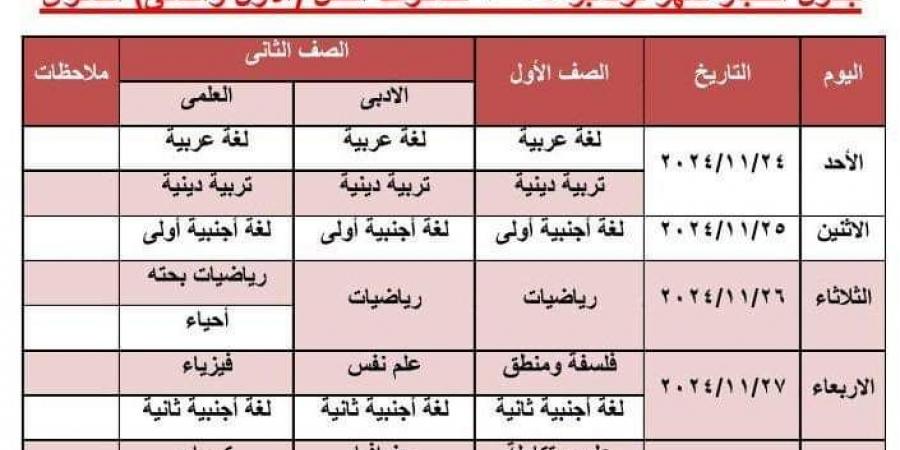 جدول امتحانات شهر نوفمبر لطلاب الصف الأول الثانوي - نبض مصر