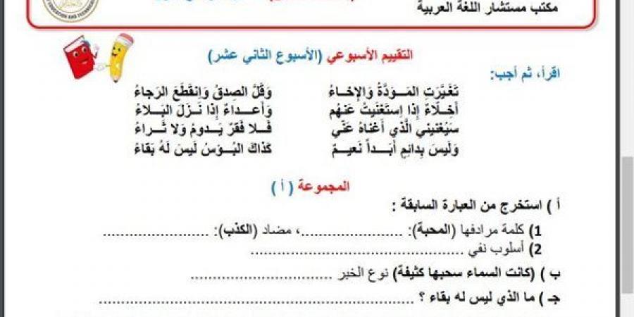 مراجعات نهائية.. أسئلة تقييم الاسبوع الـ 12 في اللغة العربية الصف السادس الابتدائي - نبض مصر