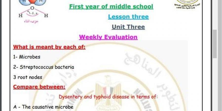 مراجعات نهائية.. أسئلة تقييم الأسبوع الـ 12 العلوم Science لـ الصف الأول الإعدادي - نبض مصر