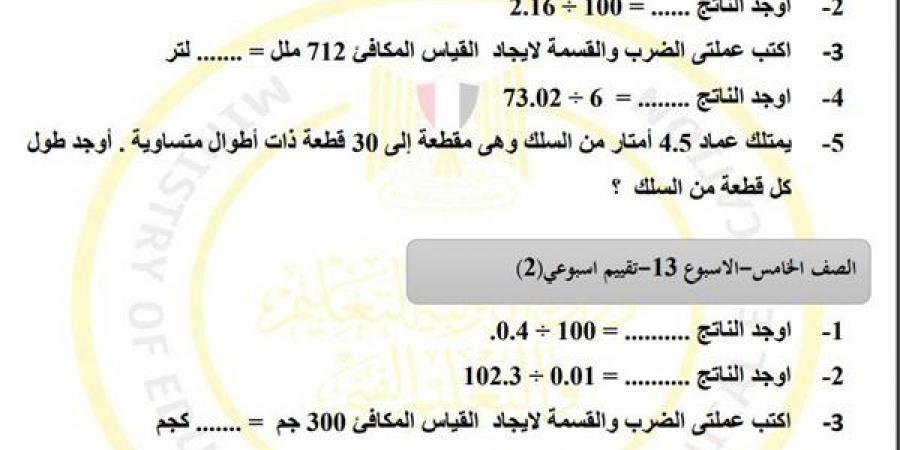 مراجعات نهائية.. أسئلة تقييم الاسبوع الـ 13 في الرياضيات لـ الصف الخامس الابتدائي - نبض مصر