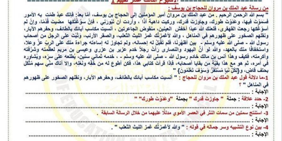 مراجعات نهائية.. أسئلة تقييم الأسبوع الـ 13 العربي الصف الأول الثانوي - نبض مصر