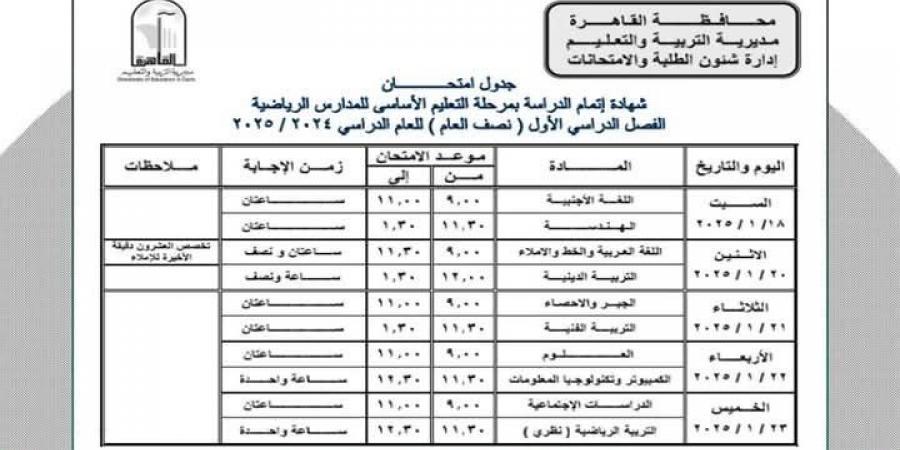 جداول امتحانات النقل والشهادة الإعدادية بالقاهرة الترم الأول 2025 - نبض مصر