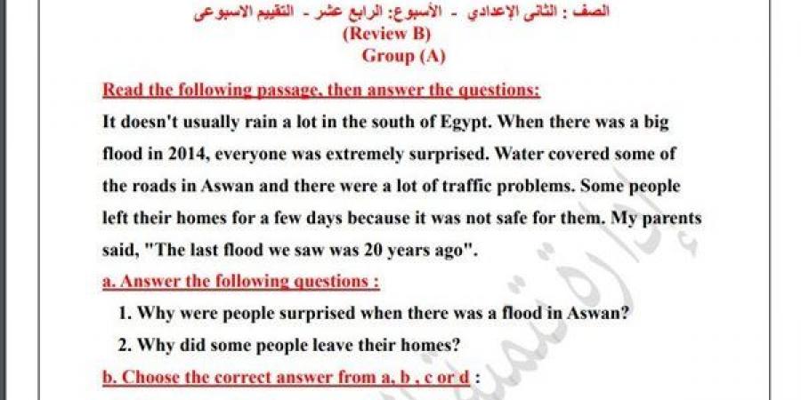 مراجعات نهائية.. أسئلة تقييم الأسبوع الـ 14 لغة إنجليزية لـ الصف الثاني الإعدادي - نبض مصر