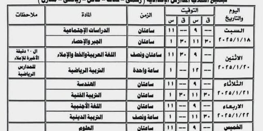  جدول امتحانات الشهادة الإعدادية الترم الأول 2025 ببورسعيد - نبض مصر