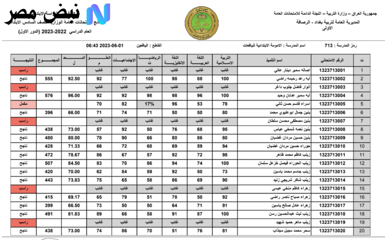 نتائج السادس الابتدائي الدور الثاني