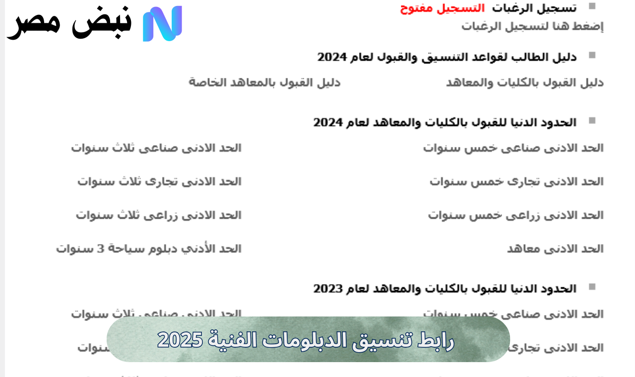 رابط تنسيق الدبلومات الفنية 2025