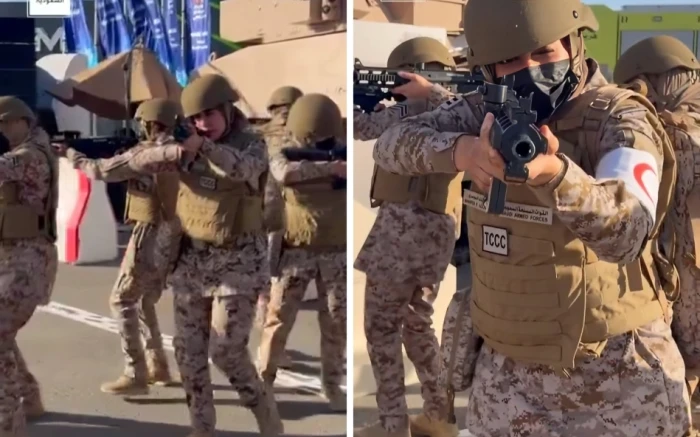 التدريب العسكري: مجندات سعوديات تؤدين فرضية اشتباك مسلح