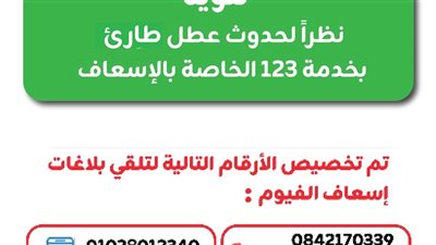 عطل مفاجئ يضرب الخط الساخن 123 بالفيوم.. والإسعاف توفر أرقامًا بديلة لاستقبال البلاغات