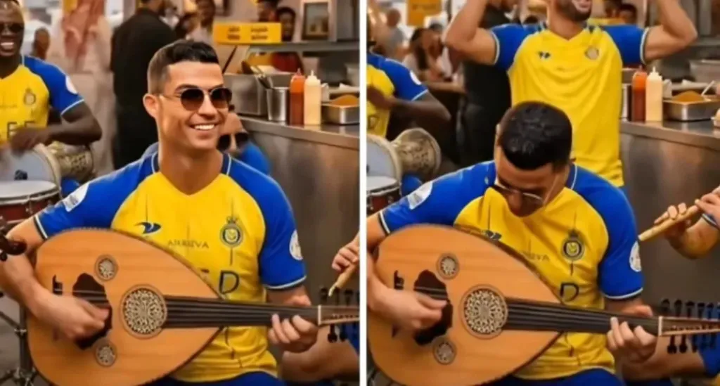 مشهد طريف.. رونالدو عازف عود في أجواء شعبية سعودية